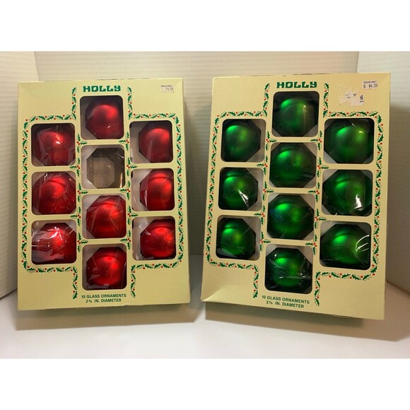 Vintage 2.62” Green & Red Christmas Ornaments, Holly Brand, Medium Size Balls - Picture 2 of 4